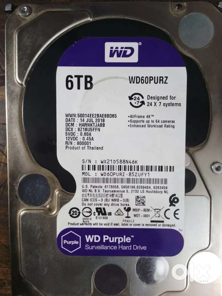 WD 6 TB Surveillance Purple SATA 3.5 hard disk.