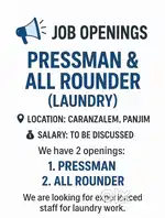 Job Openings – Pressman & All Rounder (Laundry)