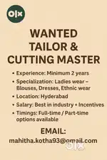 Looking for tailors and cutting master for a boutique