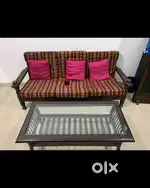 5 seater wooden sofa with glass centre table