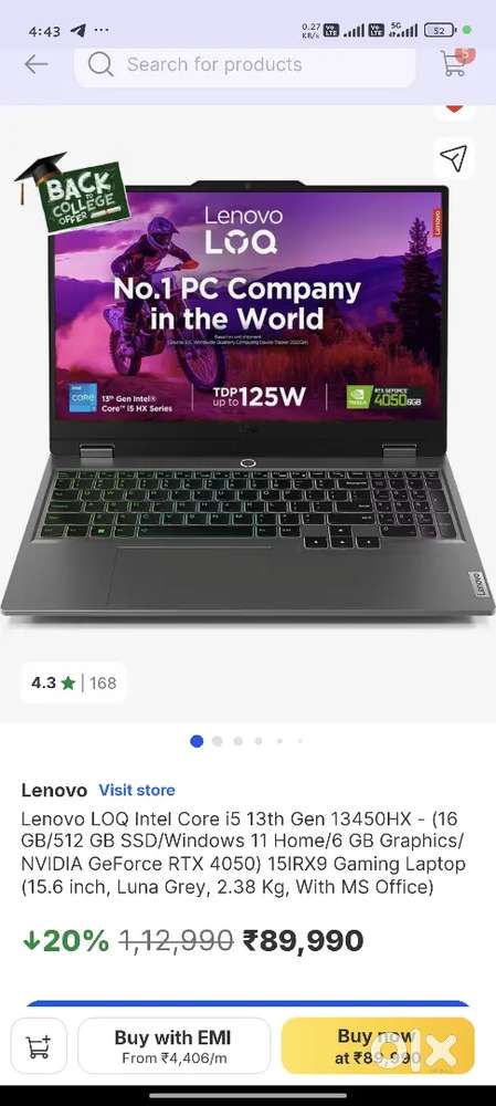 LENOVO LOQ I5 13TH GENERATION (13450HX)(rtx4050) 1512gb ssd