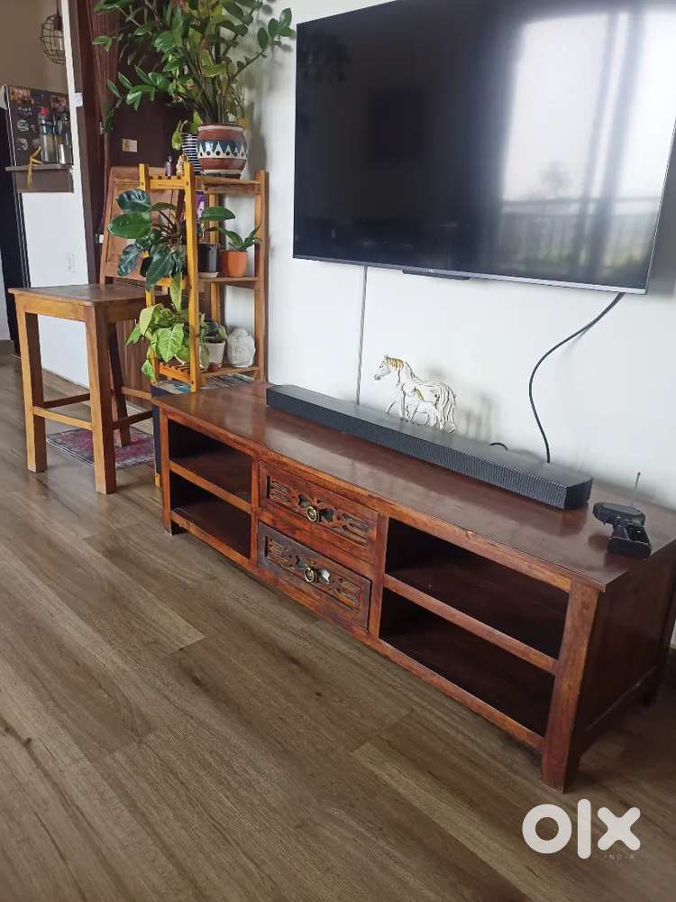 Wooden Cabinet with wooden rack and counter chair