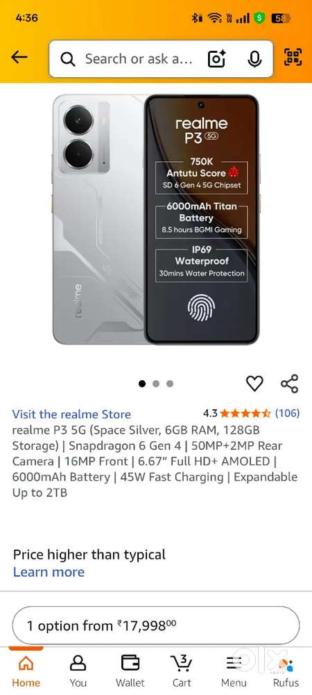 Realme p3 5g 6/128 10 months warranty with bill box 45w fast charger
