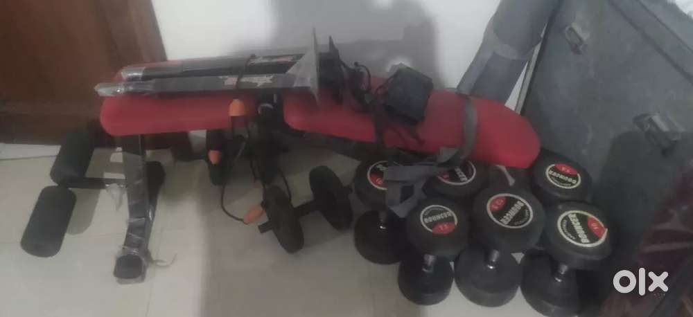 bench press and dumbles and hanging bars