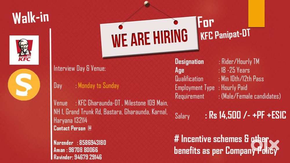 Walk-In Interviews for KFC Panipat-DT – Hiring Now!