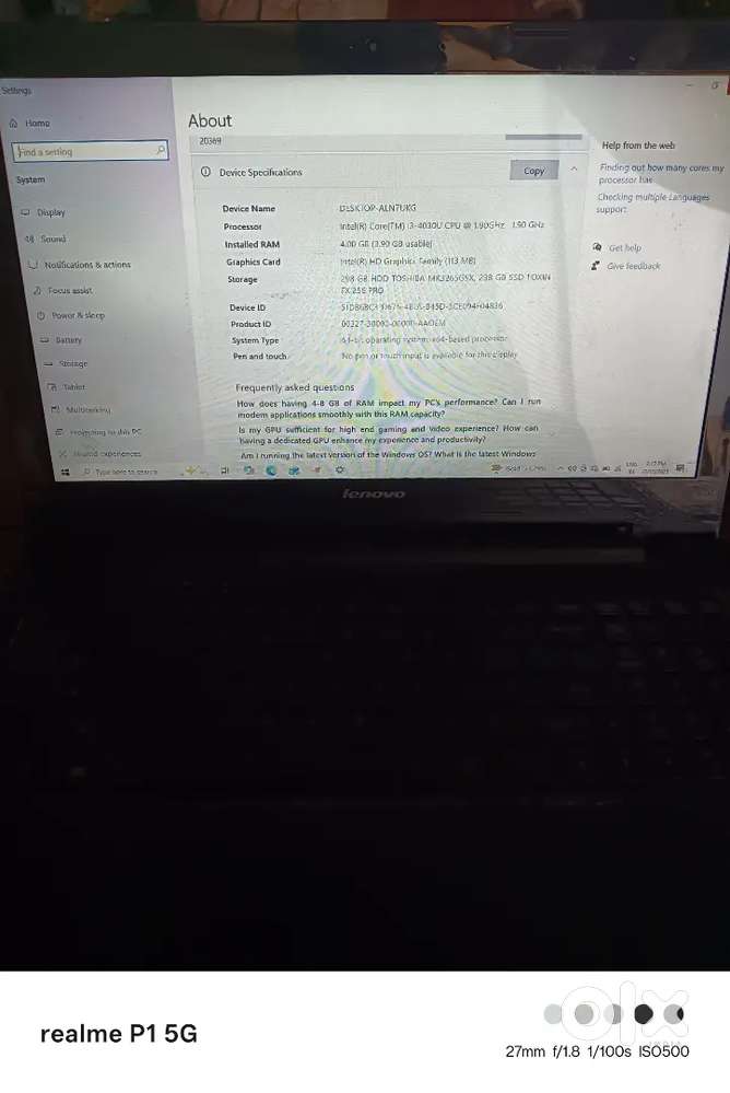 Lenovo Laptop 4 Gb ram i3 6gn