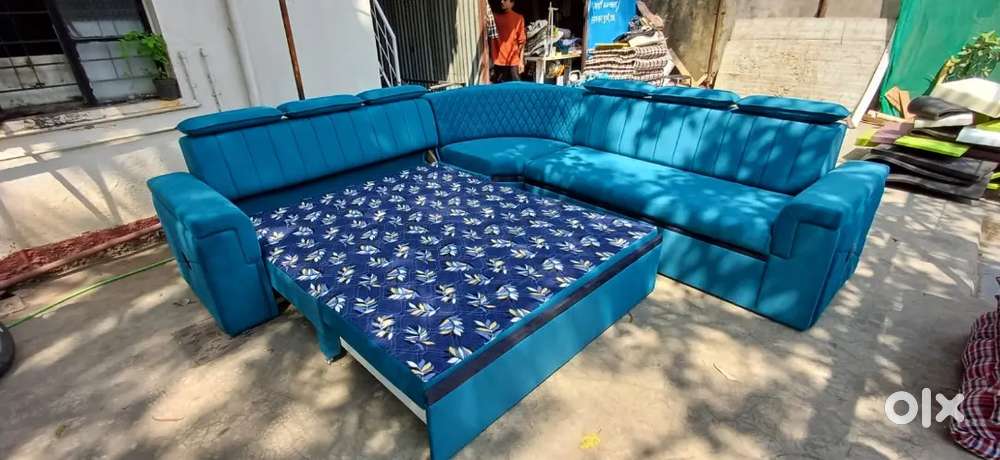 New Large L-Shaped Blue Sofa Set with Pull-Out Bed Feature