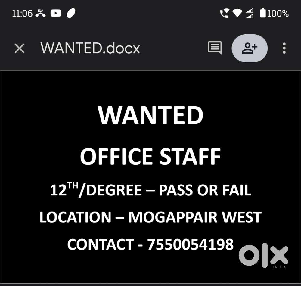 Office staff wanted at mogappair west