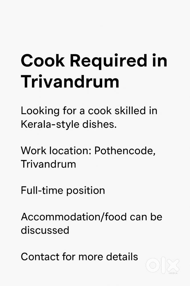 Kerala Cook Required in Trivandrum