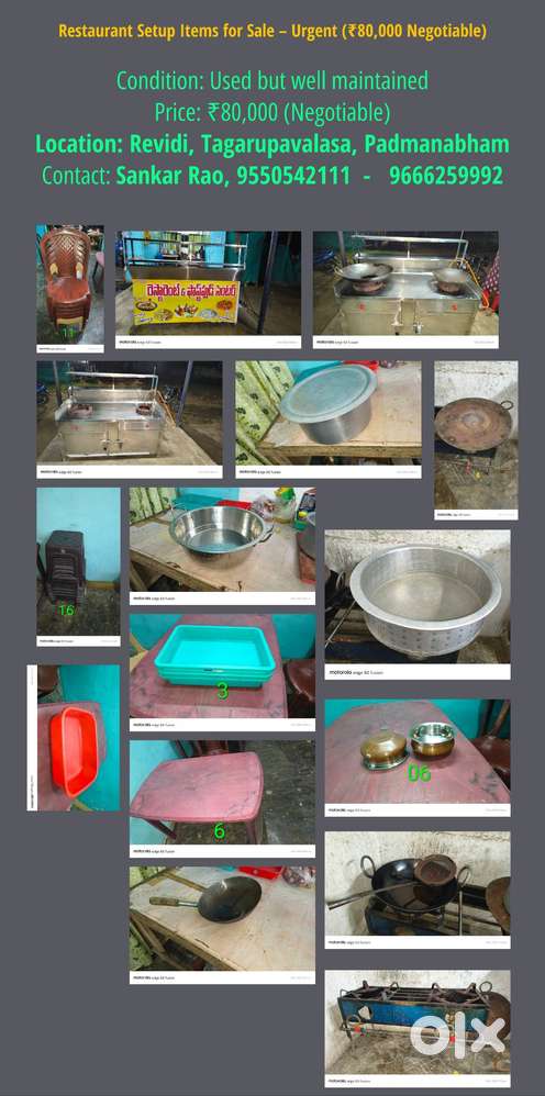 I want to sell Restaurant Setup Items for Sale – Urgent (₹80,000 Negot