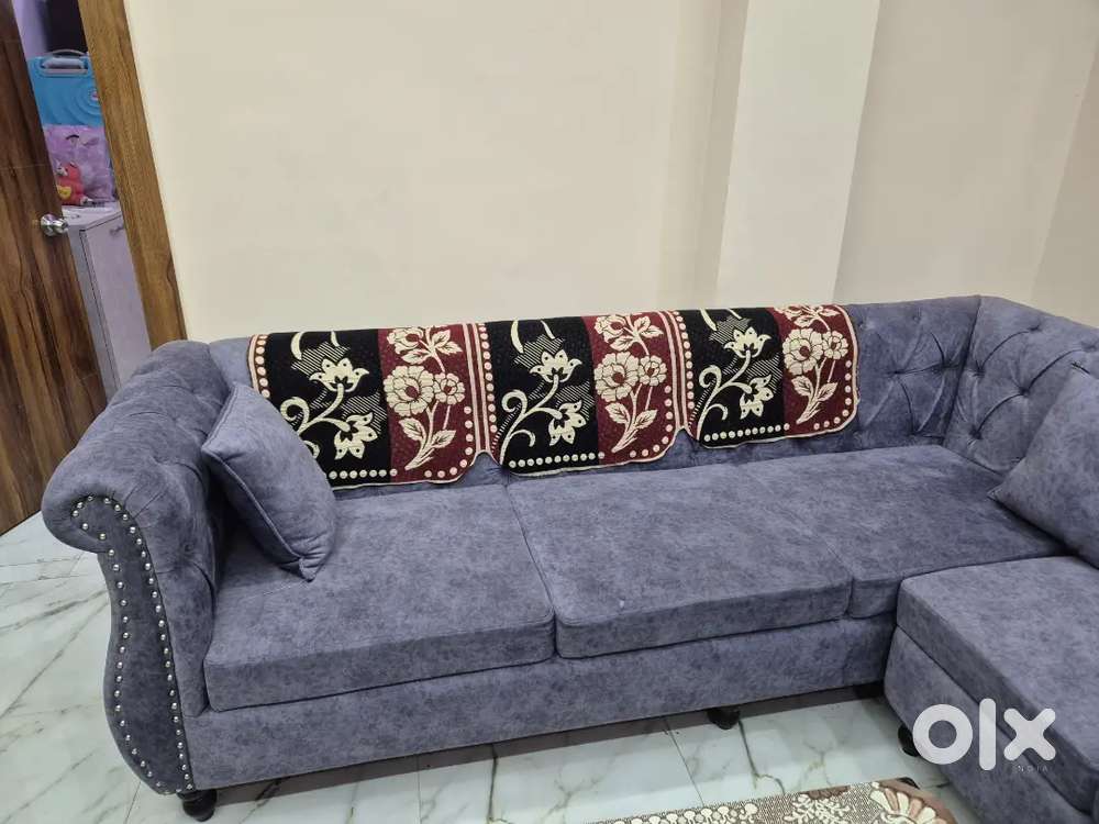 Elegant L-Shaped Velvet Sofa Set with Ottoman – ₹50,000