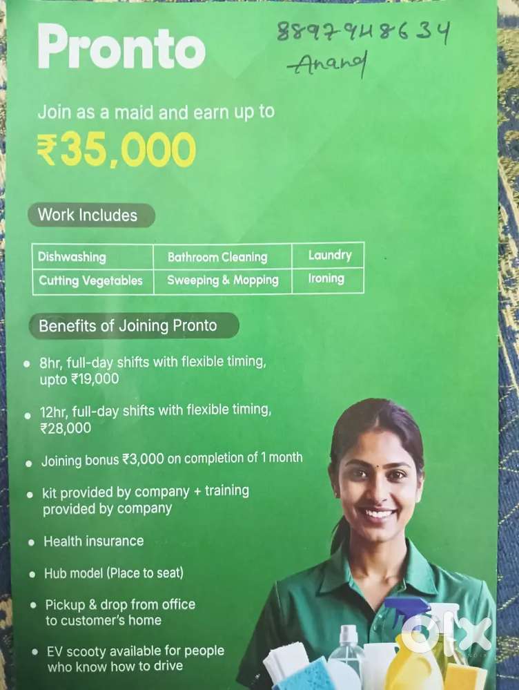 All type work available Cleaning housekeeping, fixed salary No targets