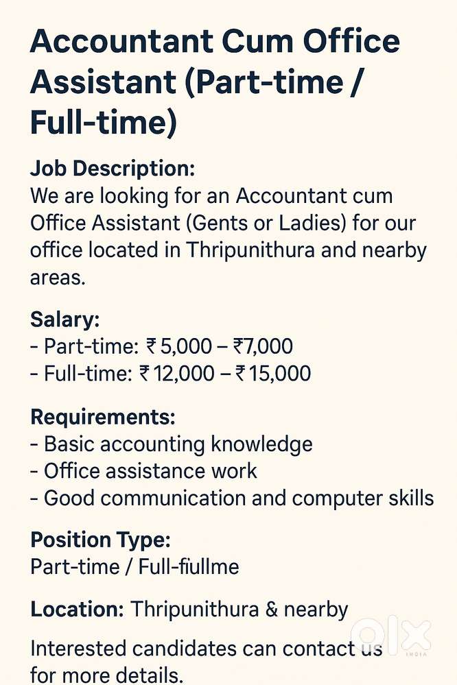Accountant Cum Office Assistant (Part-time / Full-time)
