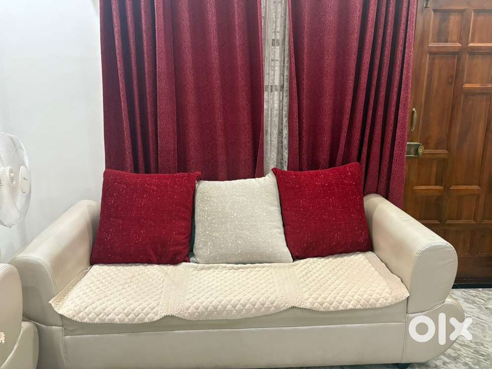 ️ Stylish Beige Leather Sofas with Cushions