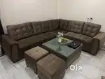 7-Seater L Shape Sofa with Glass Center Table & 2 Stools