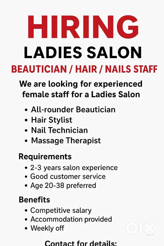 Urgently Hiring – Ladies Salon Staff  All-Rounder,Hair,Nails