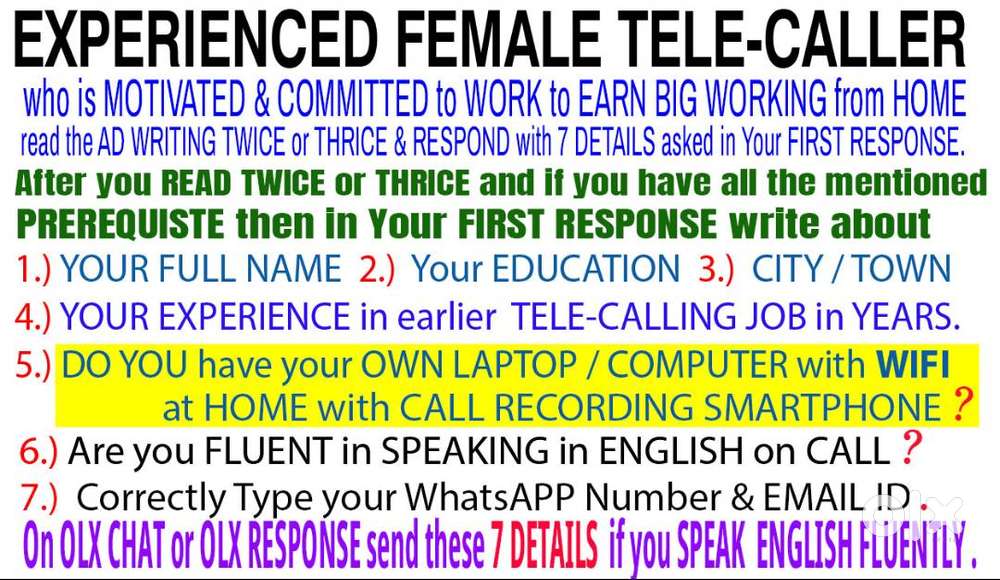 EXPERIENCED FEMALE TELE-CALLER to WORK FROM HOME - Rs.25,000+/MONTH &
