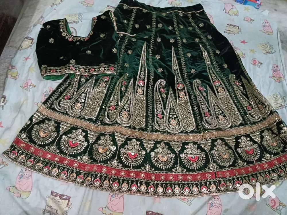 Velvet lehnga green colour