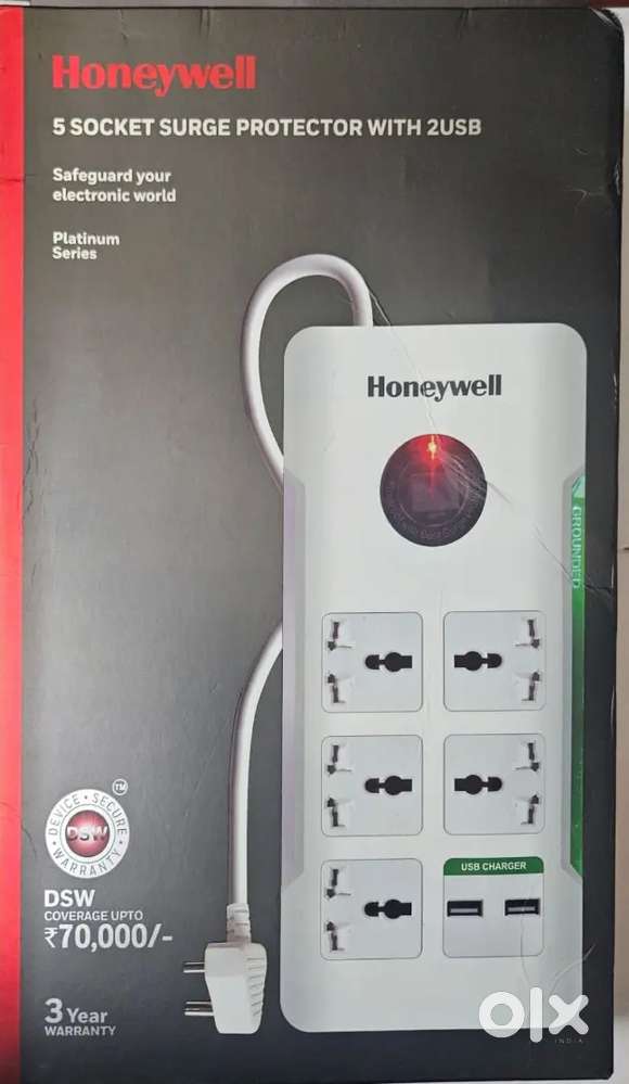 Honeywell - 5 SOCKET SURGE PROTECTOR WITH 2USB - Platinum Series