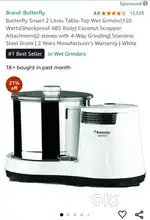 Butterfly Smart 2 Litres Table-Top Wet Grinder|150 Watts|Shockproof AB