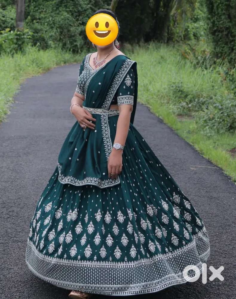 Lehenga, green color with white stone