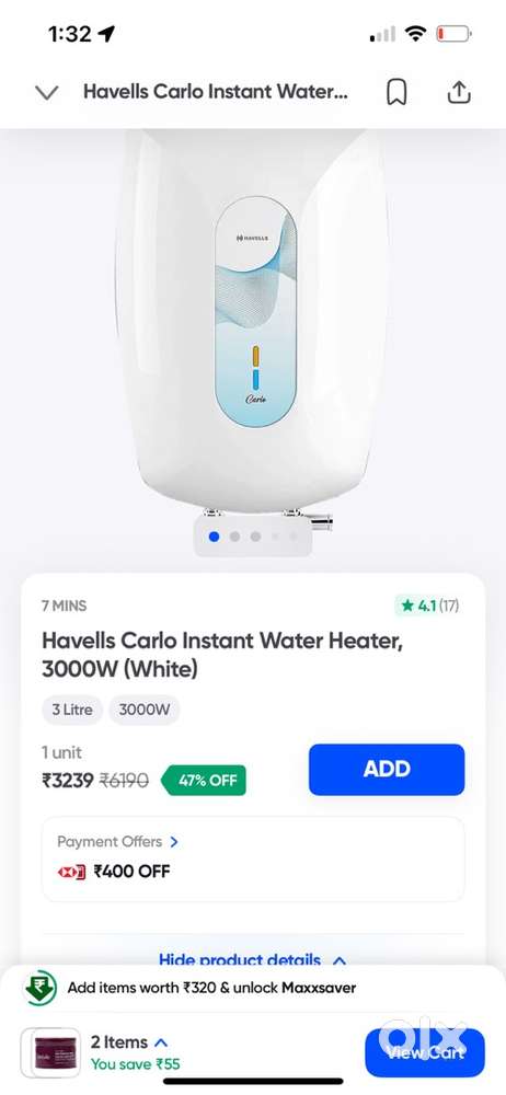 Havells Carlo Instant Water Heater, 3000W (White)