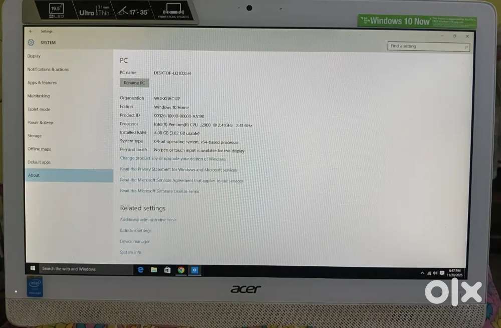 All in One PC 

Pentium J2900 
4GB RAM 
Windows 10 
Good Condition