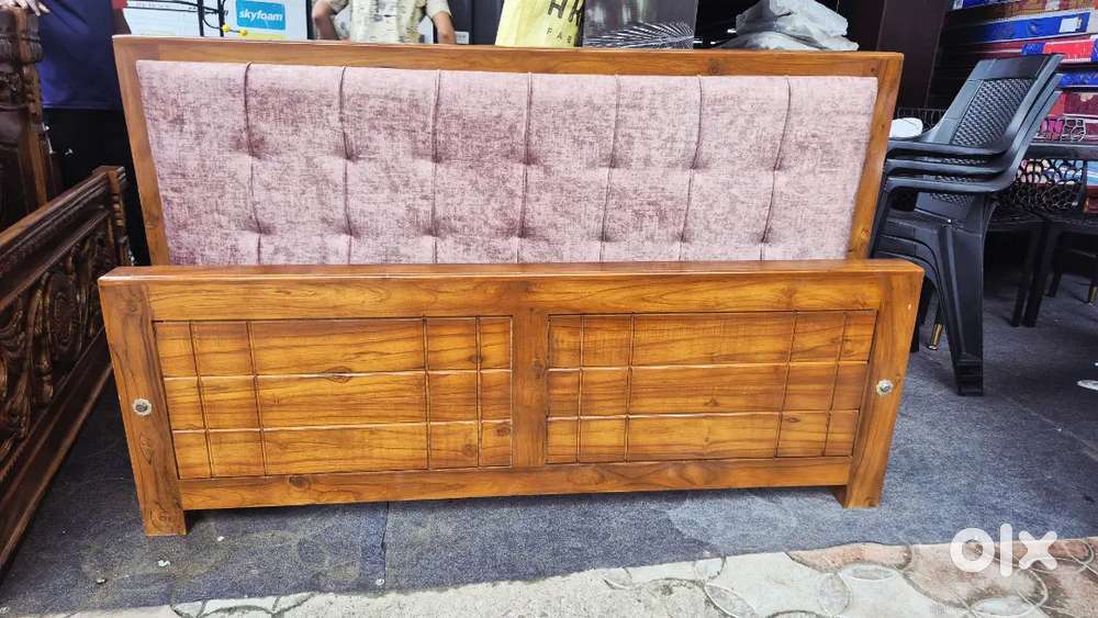 Premium Teak wood queen cot with cushion at headboard 10years warranty