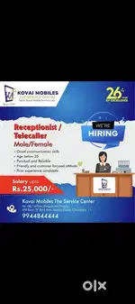 Receptionist staff male or  female our mobile service showroom