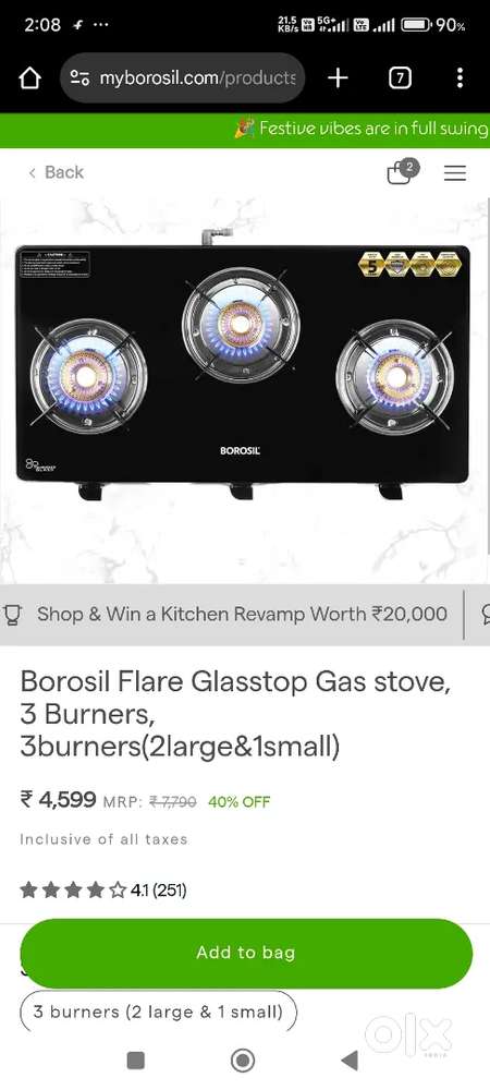 Borosil 3 burner gas stove