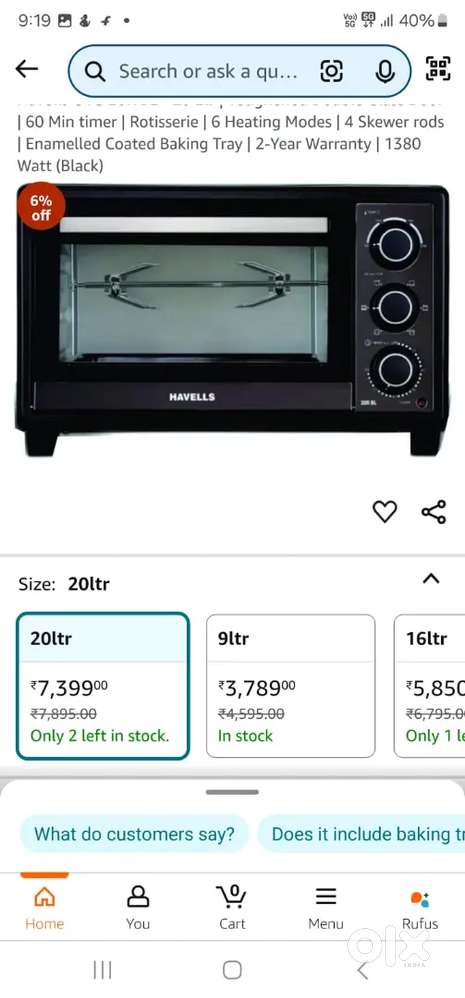 Havells 20 ltr oven toaster griller.