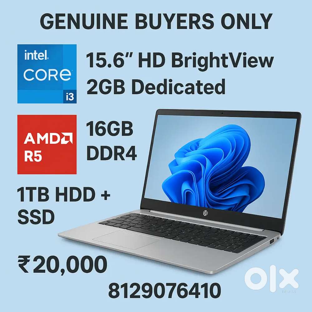HP Core i3 Laptop 16GB RAM + 1TB HDD+ 256GB SSD