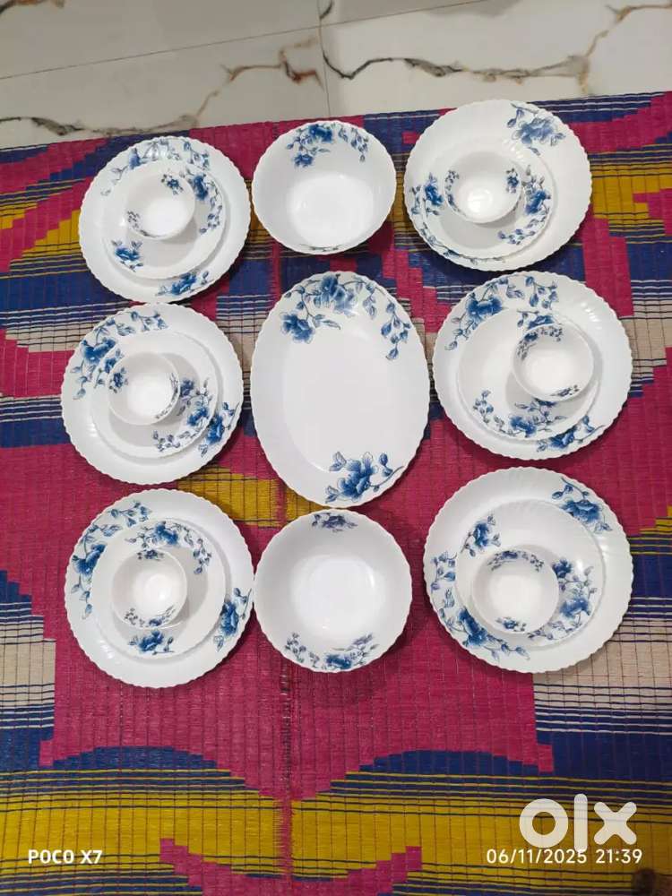 21-Piece Glass DinnerSet Blue Floral Design Full Set & Loose Available