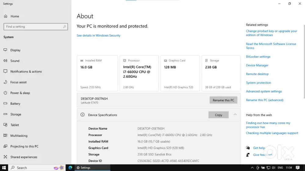 Dwell Latitude E7470, I7, 6GEN  , RAM 16GB, WINDOWS 10,.