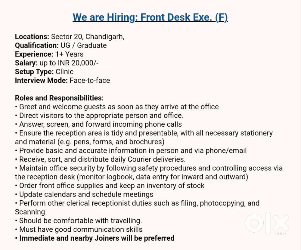 Looking for Front Desk Executive for Clinic