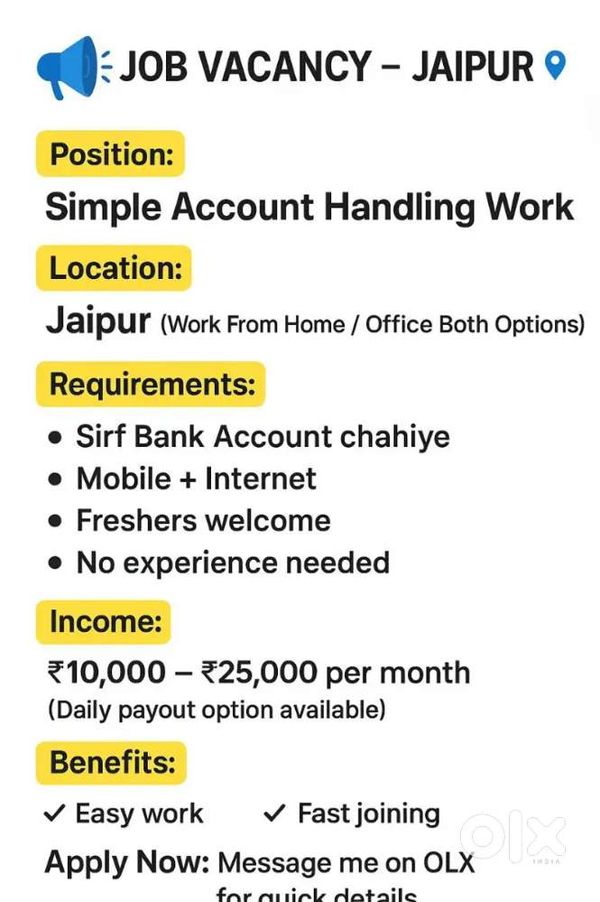 Job vacancy in jaipur urgent need Account