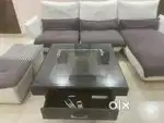 L shape sofa set (leather) with 2 puffies