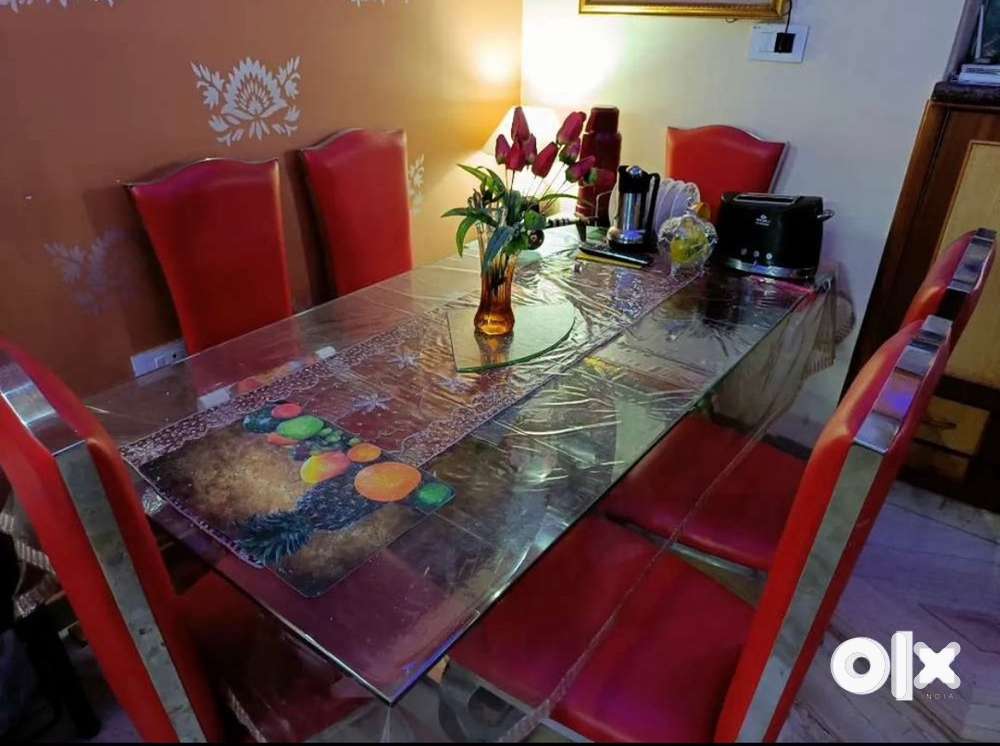 Premium Glass Dining Table with 6 Red Chairs – Hardly Used
