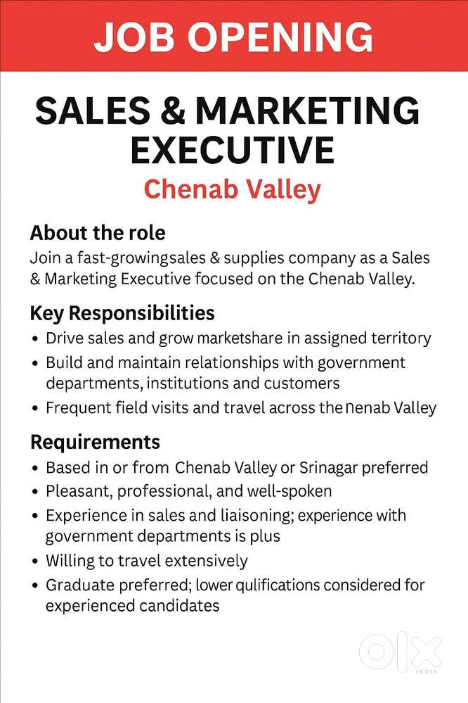 ales & Marketing Executive (Chenab Valley) J&K