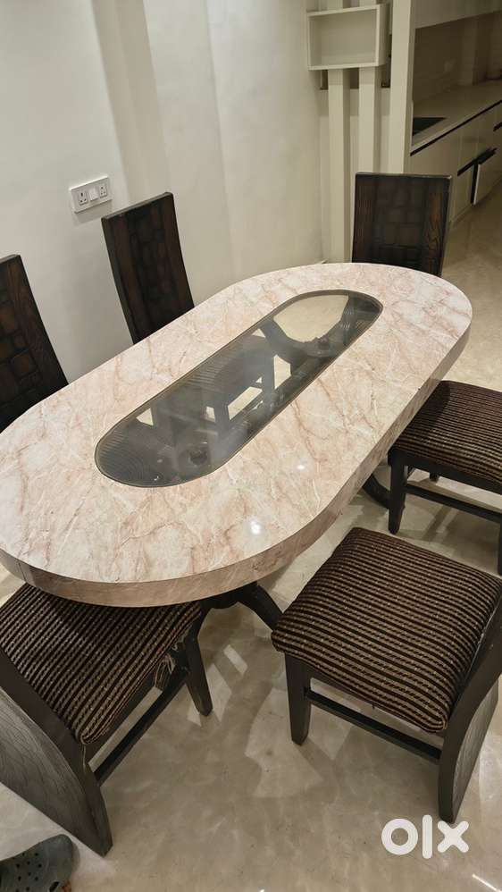 Elegant 6-Seater Dining Table Set – White Wooden Top with Glass Finish