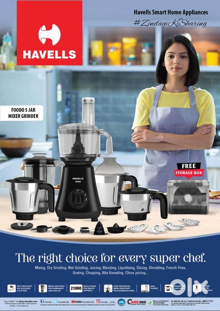 Brand New Havells 21000RPM Foodo Mixer 5 Jars Attachments & Free Box .