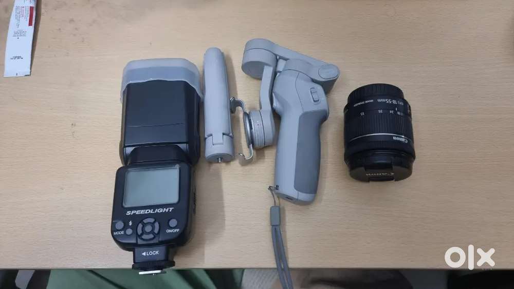Selling my DJI Osmo 4 gimbal, 18 55 mm lens canon, speed light flash