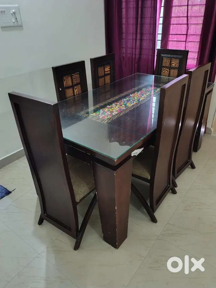 6 Seater Premium Dining Table with Glass Top and  Cushioned Chairs