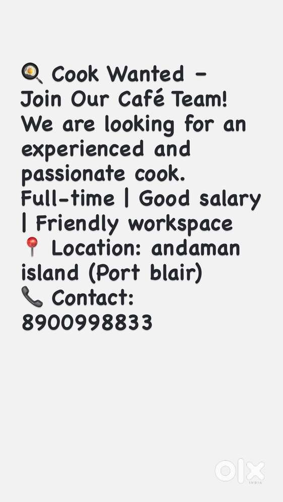 Cook wanted for cafe in andaman island