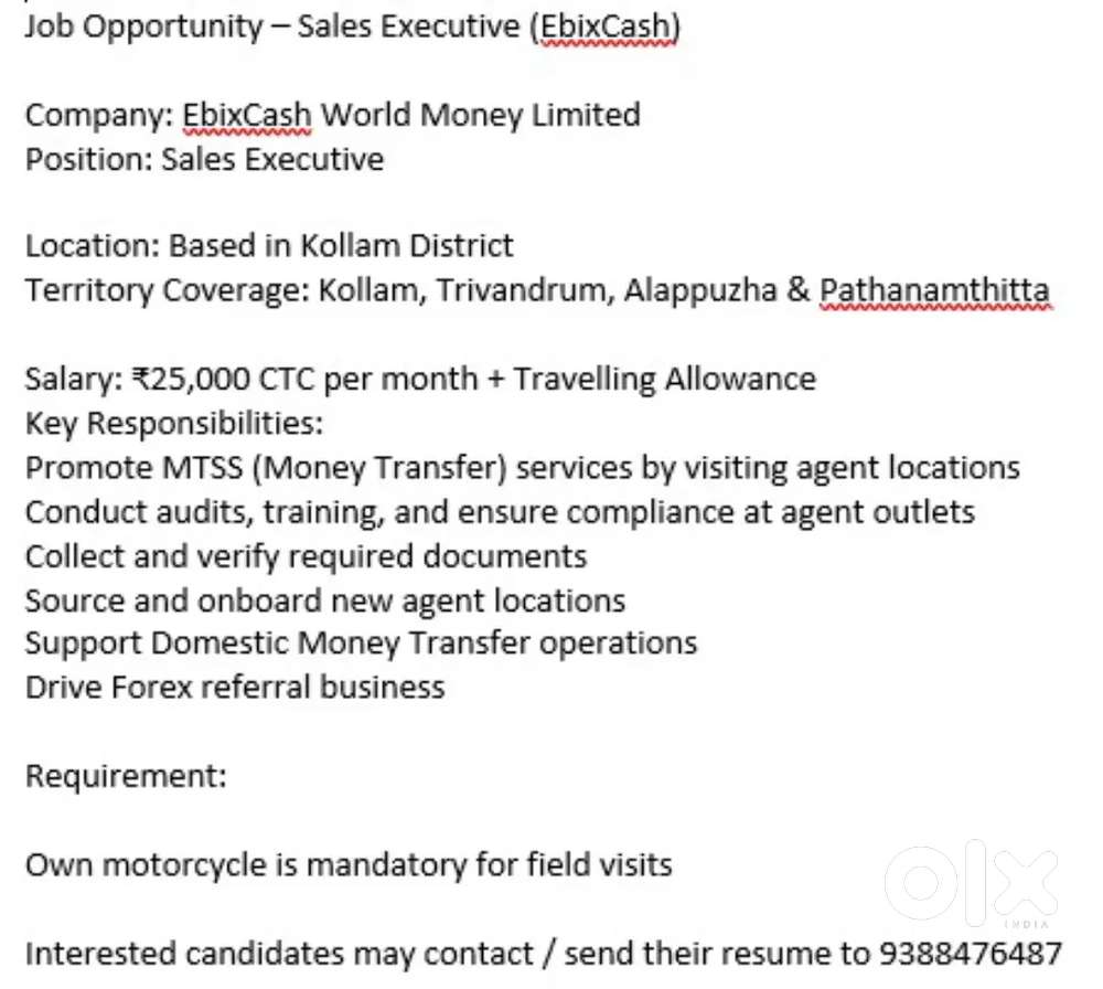 Sales executive Ebixcash ( Kollam/PTA/TRV/ALP)
