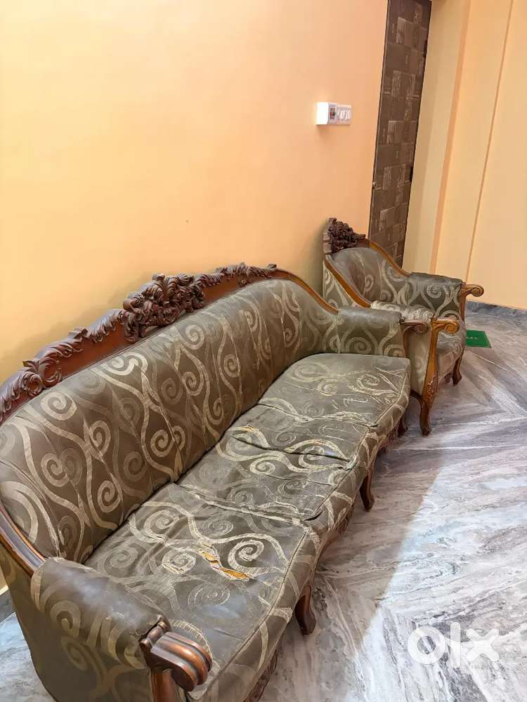 Handcrafted Old Wooden Sofa with Chairs