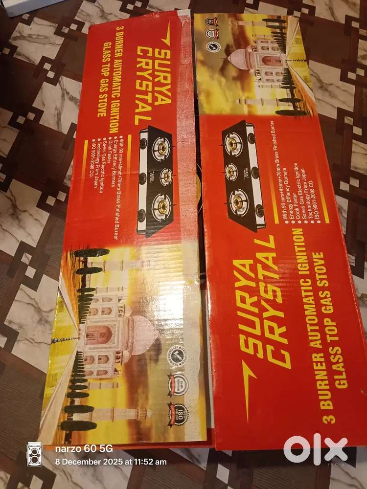 Surya Crystal 3Burner Automatic Ignition glass top gas stove new brand
