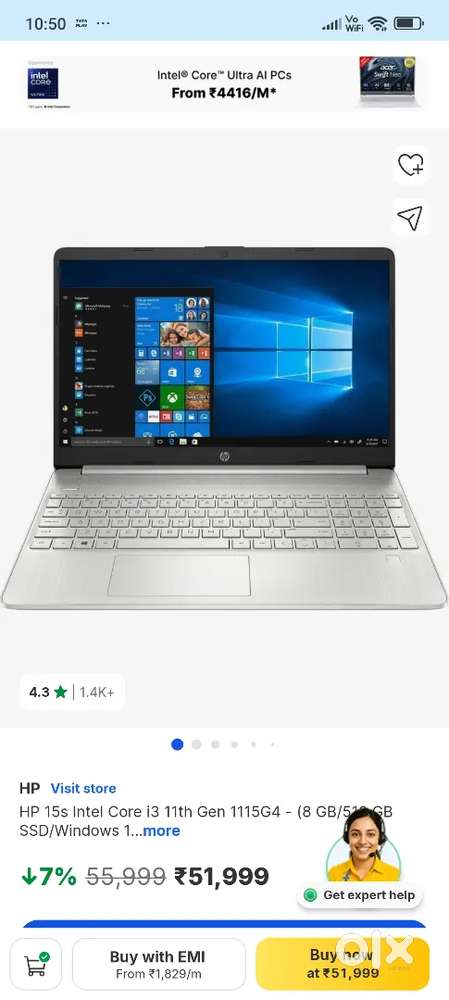 Hp Laptop i3 11th Gen 8GB 512GB SSD, 1.8 Years Old