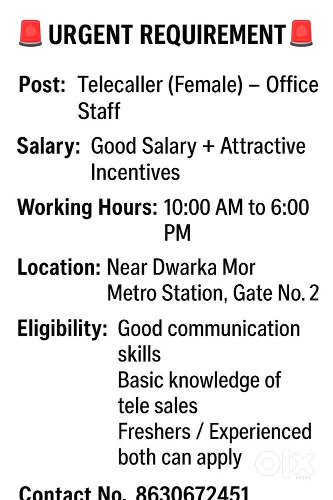 Urgent Hiring for Tele caller for Female and Male Both