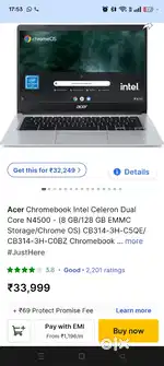 Acer chromebook intel celeron dual core n4500 8/128gb